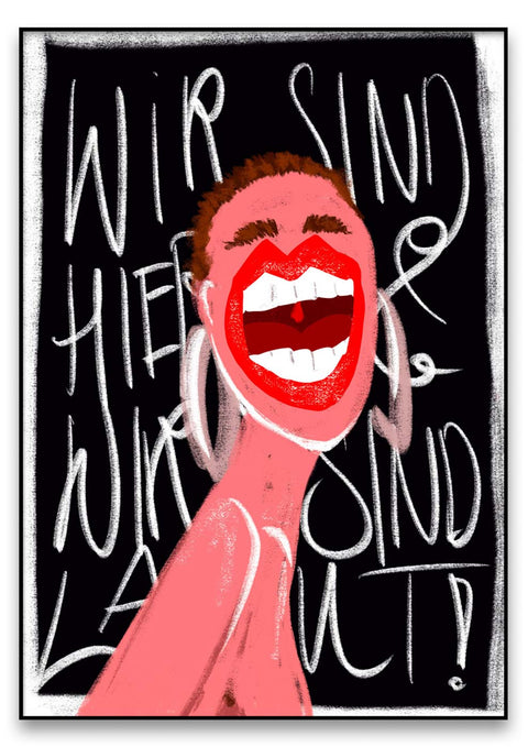Eine Illustration einer Frau mit einem Lächeln im Gesicht und roten Lippen von Wir Sind Hier Wir Sind Laut.