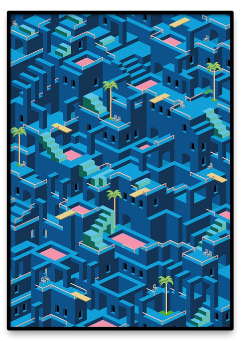 Eine isometrische Illustration von Without the Splash, mit Palmen, Gebäuden und architektonischen Strukturen.