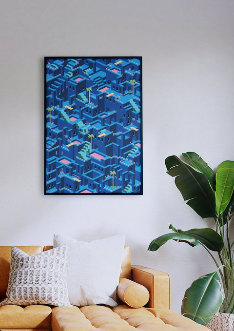 Ein Wohnzimmer mit einer Couch und einem blau gerahmten Gemälde mit Without the Splash || Isometrische Illustration.