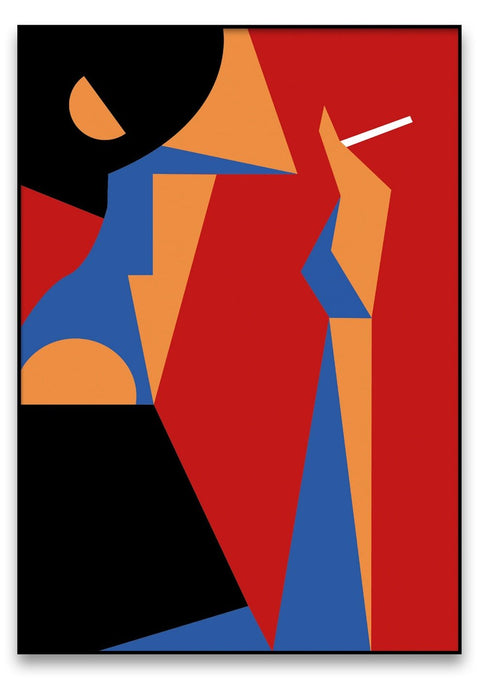 Eine „Frau mit Zigarette“ hält eine Zigarette in der Hand, dargestellt im Stil des Kubismus.