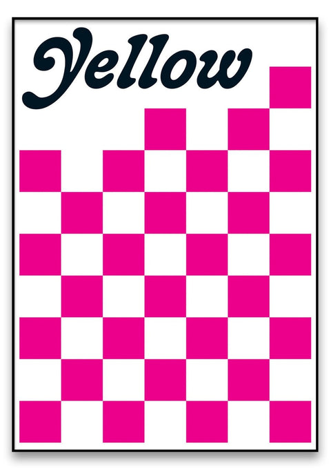 Ein rosa-weißer Schachbrettmuster-Aufkleber mit dem Wort Yellow.