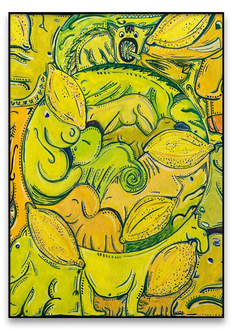 Eine Malerei des abstrakten Expressionismus in Zitronen und Grün.
