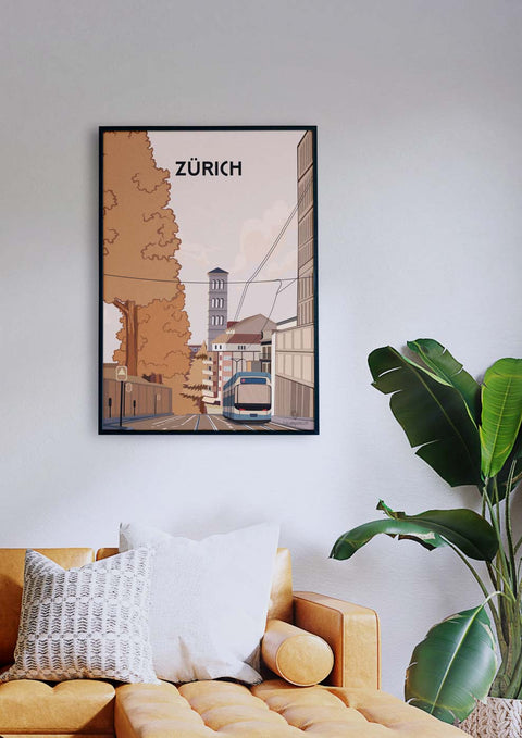 Ein Wohnzimmer mit einer Couch und einem gerahmten Zürich-Poster.