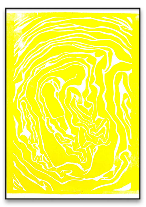Ein gelb-weißes abstraktes Gemälde mit Gelbkohl auf weißem Hintergrund.