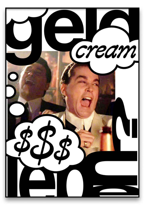 Ein Schwarz-Weiß-Foto eines Mannes mit Geld im Mund, gestaltet im Pop-Art-Stil.