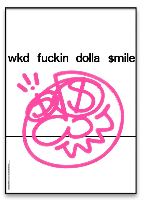 Eine rosa Zeichnung mit den Worten kb wkd verdammtes Dolly-Lächeln, gestaltet in unverwechselbarer Typografie.