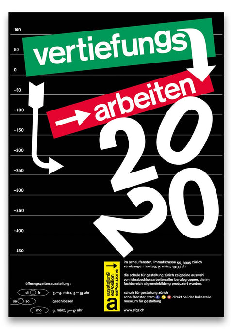 Ein Plakat mit den Worten „Vertiefungsarbeiten 2020“ und Pfeilen, die in verschiedene Richtungen zeigen.