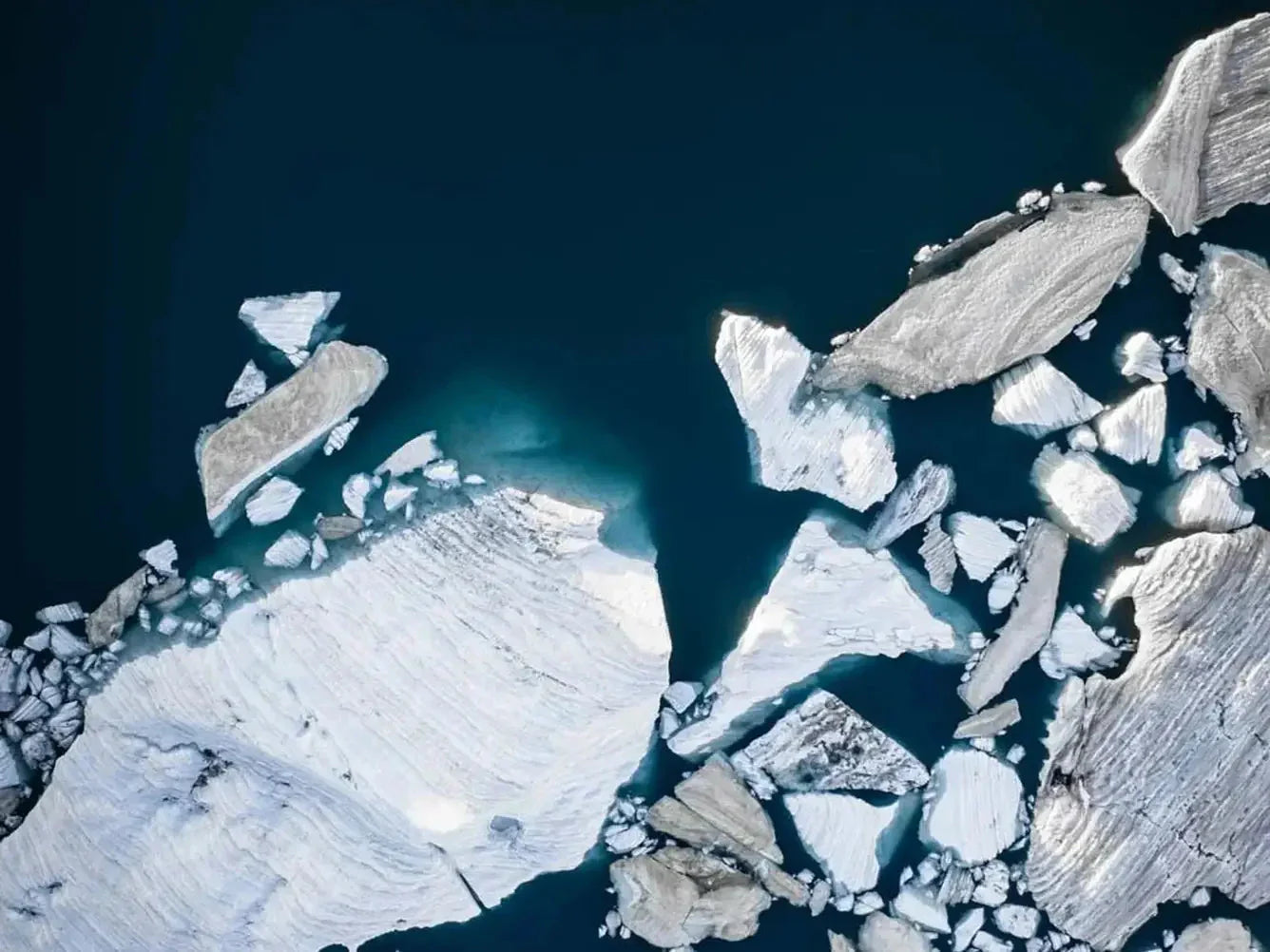 Luftaufnahme von großen und kleinen Eisbergen, die im dunkelblauen Wasser schwimmen und einen auffälligen Kontrast zwischen dem weißen Eis und dem umgebenden Meer bilden.