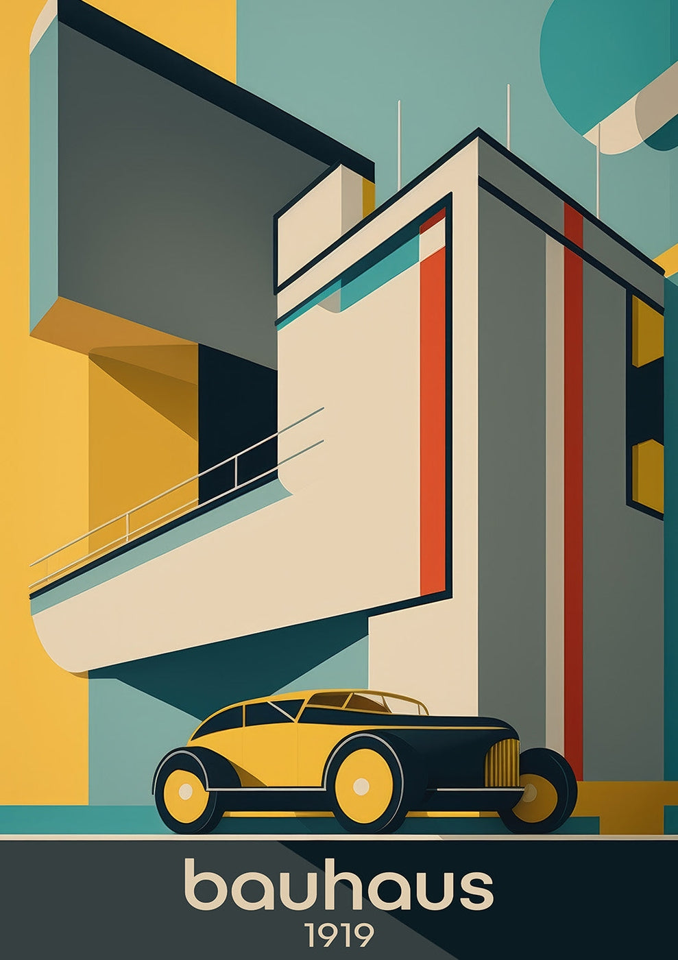 Illustration im Art-Deco-Stil mit dem Titel „Bauhaus-Gebäude 3“, die ein modernistisches Gebäude mit geometrischen Formen und einem Oldtimer im Vordergrund zeigt. Unten sind das Wort „Bauhaus“ und das Jahr „1919“ zu sehen.