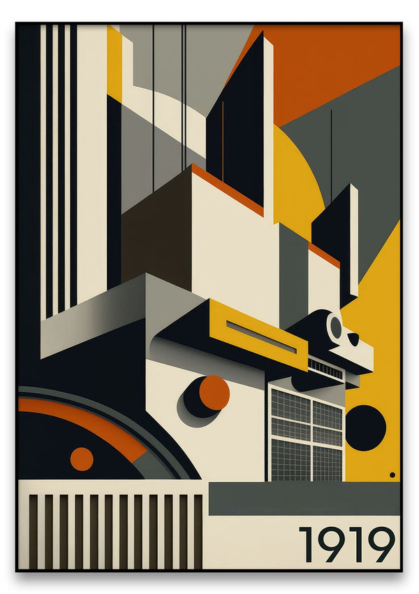 „Bauhaus Buildings 2“ ist ein abstraktes geometrisches Kunstwerk mit linearen Formen und kräftigen Farben mit den Zahlen „1919“ unten rechts.