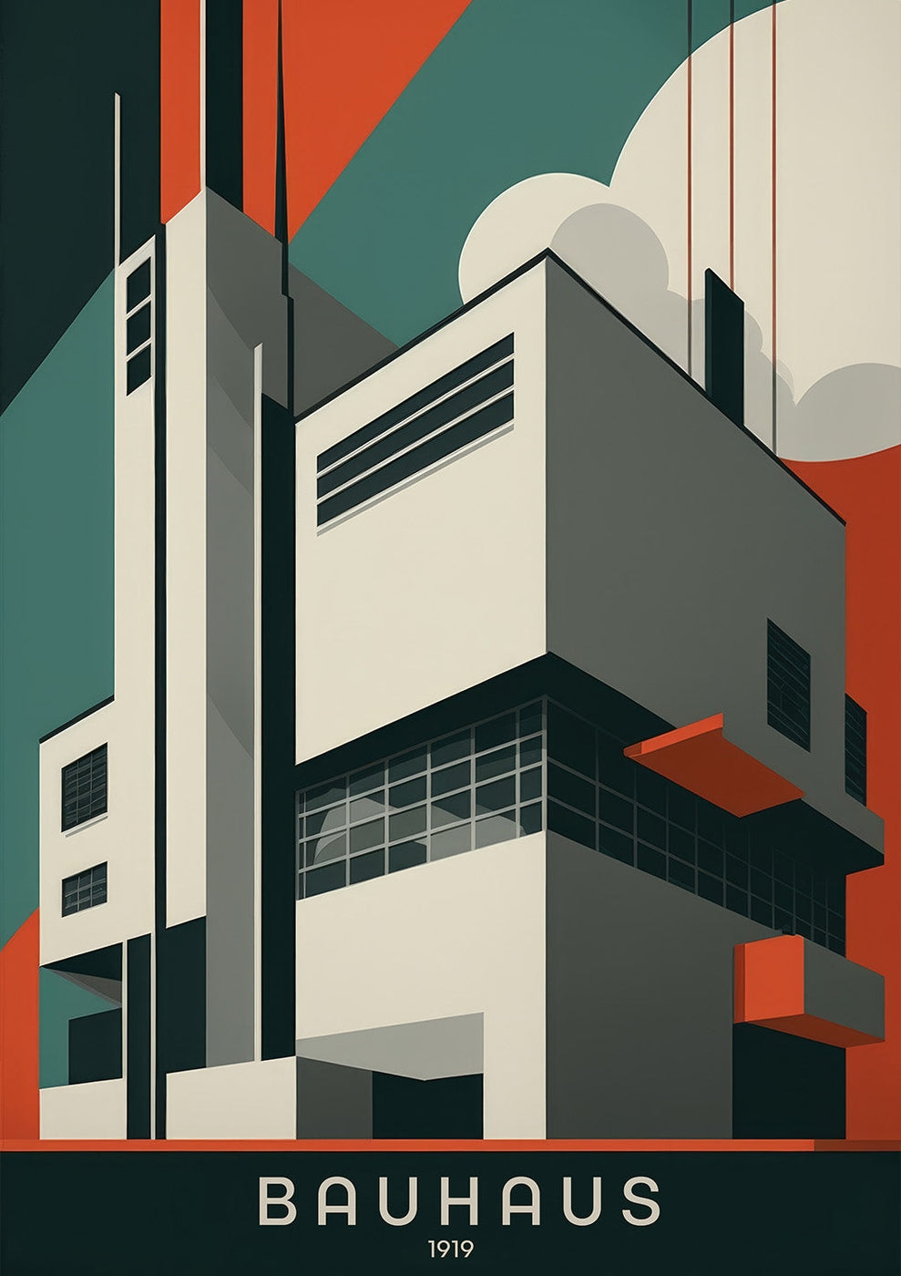 Eine Illustration aus der Sammlung „Bauhausgebäude 1“, die eine geometrische, modernistische Struktur im Bauhausstil mit klaren Linien und kräftigen Formen in Schwarz, Weiß, Rot und Grün zeigt. Unten erscheint der Text „BAUHAUS 1919“.