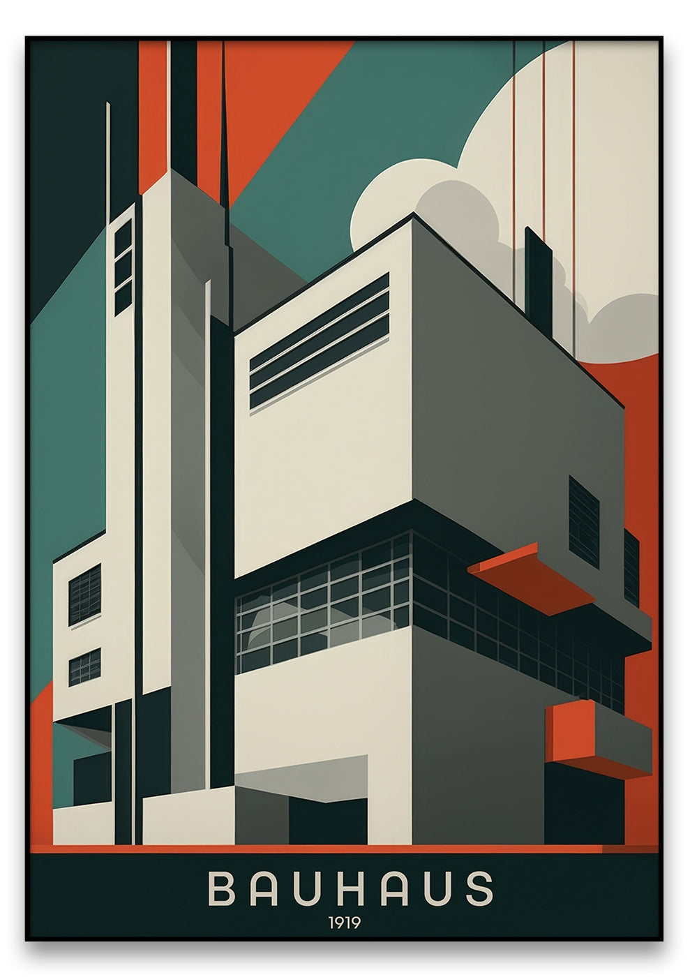 Bauhaus-Gebäude 1: Das minimalistische Poster zeigt ein Gebäude im Bauhaus-Stil, das mit geometrischen Formen in Rot, Schwarz und Weiß geschmückt ist und unten den Text „Bauhaus 1919“ trägt.