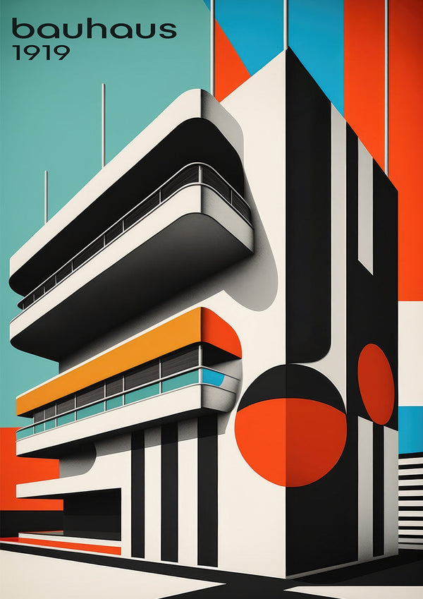 Ein Gebäude im Bauhaus-Stil mit geometrischen Formen in kräftigen Farben, darunter Rot, Blau, Orange und Schwarz, vor einem blaugrünen Himmel. Der Text „Bauhaus 1919“ steht in der oberen linken Ecke. Diese Szene ist in „Bauhaus-Gebäude 4“ zu sehen.