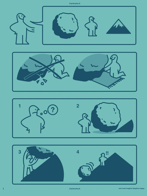 Ein hochwertiges Poster, die 73 Instruction Sisyphos von Timon Tresch, gestaltet von kunstschaffenden Künstlern mit Anleitungen zum Besteigen eines Berges.