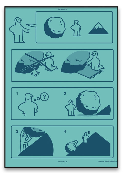 Beschreibung: Ein 73 Instruction Sisyphus Kunstdruck-Plakat von Timon Tresch mit Anweisungen zum Bergsteigen.