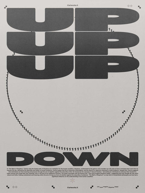 Ein schwarz-weißes Poster mit den Worten 75 UP DOWN auf cremefarbenem Papier, erstellt von Kunstschaffenden Künstlern und gedruckt von Timon Tresch Qualitätsdruckereien.
