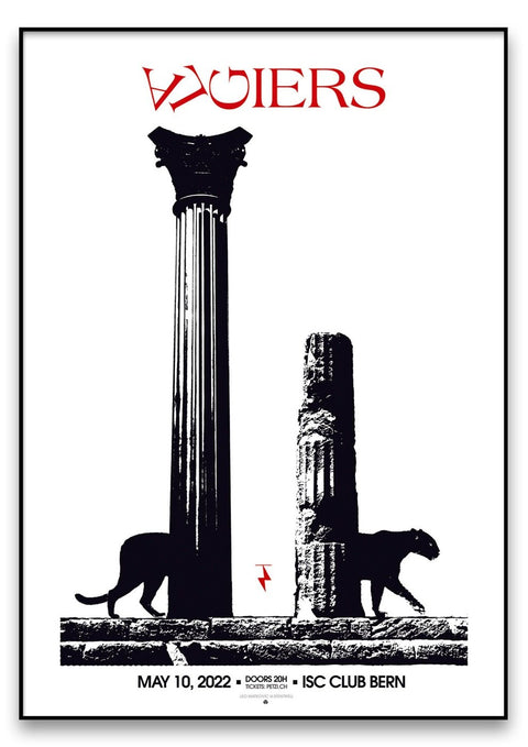 Ein schwarz-weißes Algier-Gigposter mit einem Löwen und einer Säule.
