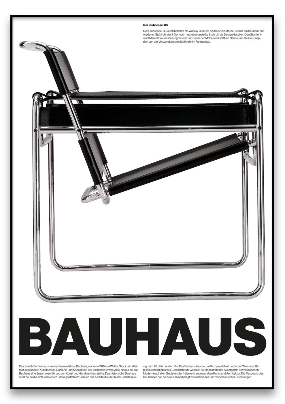 Ein moderner BAUHAUS B3-Stuhl mit einem schlanken Metallrahmen und einer für das Bauhaus-Design typischen schwarzen Ledersitzfläche wird vor einem weißen Hintergrund präsentiert, an dessen Unterseite deutlich erkennbar „BAUHAUS B3“ steht.