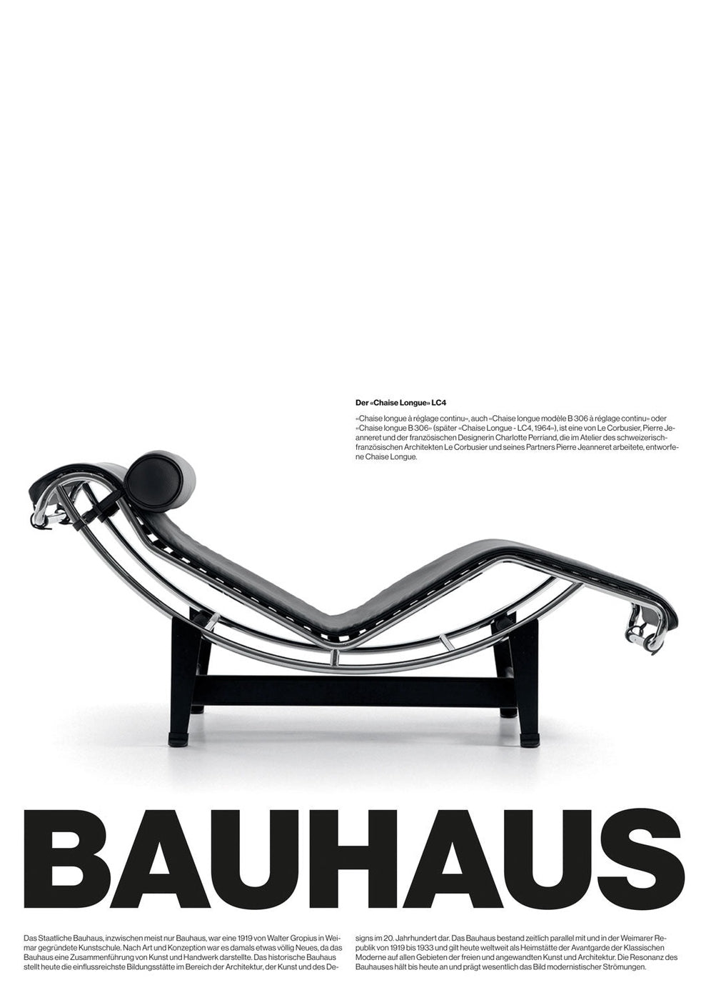 Wir präsentieren die BAUHAUS LC4, eine moderne Chaiselongue in elegantem schwarzem Leder und Chrom mit einem stromlinienförmigen, verstellbaren Rahmen, der elegant mit einem Text zum Bauhaus-Design an der Unterseite präsentiert wird.