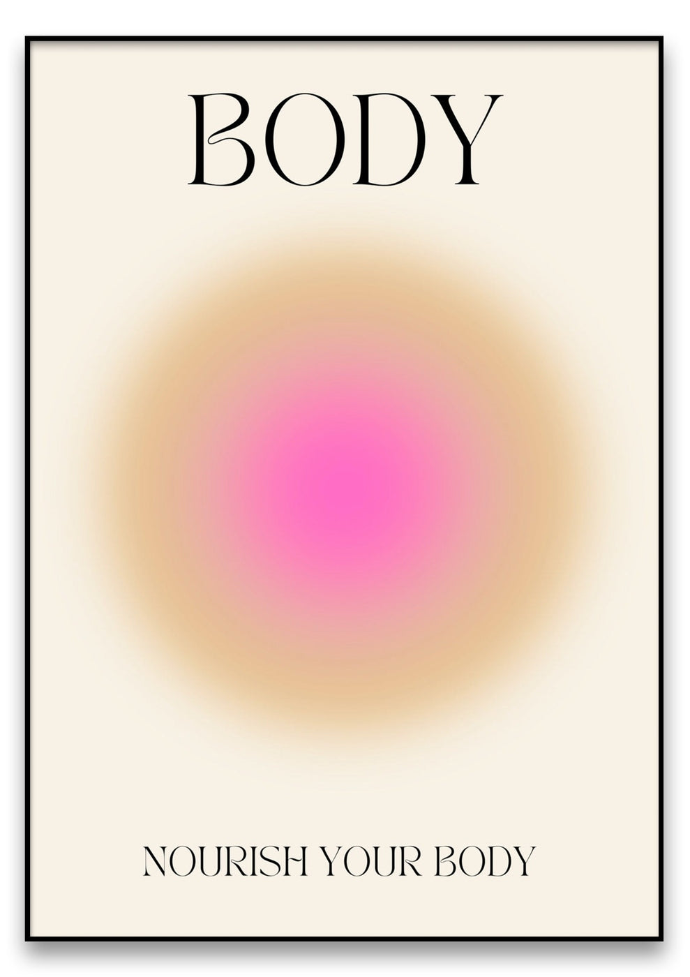 Ein Poster mit dem Produktnamen „BODY“ oben, einem abstrakten Farbverlauf mit rosa Mitte und den Worten „NOURISH YOUR BODY“ unten.