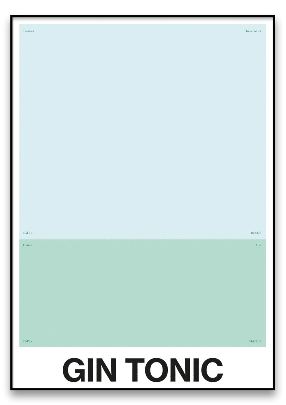 Ein minimalistisches Poster für das Produkt „GIN TONIC“ besteht aus einer oberen Hälfte in Hellblau mit der Aufschrift „GIN“ und einer unteren Hälfte in Hellgrün mit der Aufschrift „TONIC“ sowie dem fettgedruckten schwarzen Titel „GIN TONIC“ am unteren Rand.