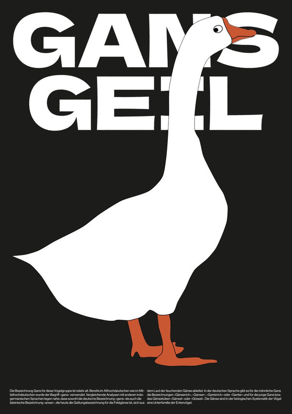 Eine stilisierte Illustration einer weißen Gans auf schwarzem Hintergrund, mit dem fettgedruckten weißen Text „Gans Geil“ oben und einem kleinen Absatz mit deutschem Text unten.