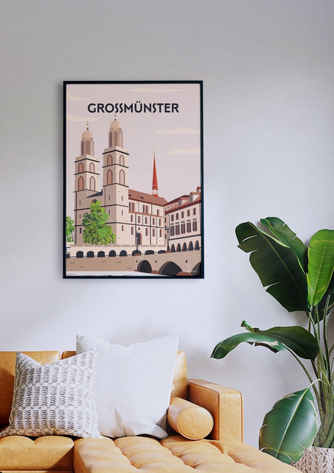 Ein Wohnzimmer mit Couch und einem Poster vom Grossmünster in Zürich.