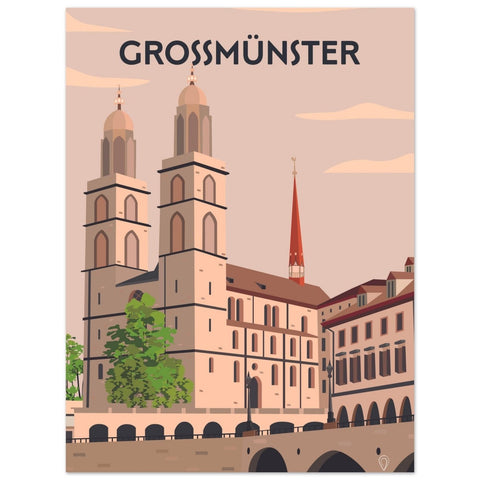 Ein Plakat mit dem Wort Grossmünster und einer Illustration des Großmünsters in Zürich darauf.