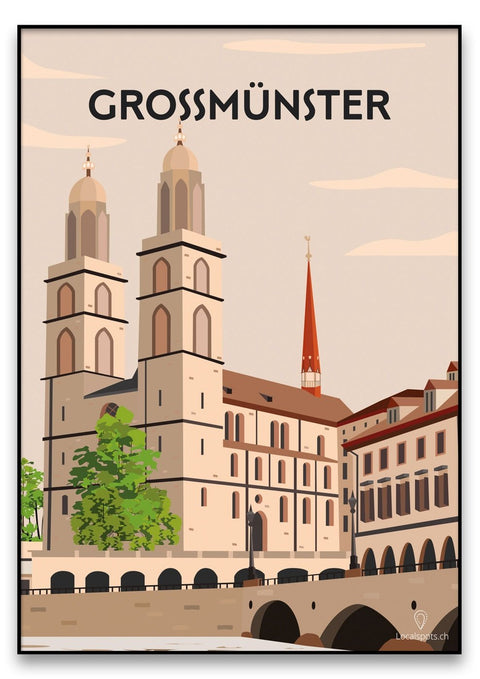 Ein Grossmünster-Plakat, das die berühmte Zürcher Kathedrale durch Malerei und Illustration darstellt.
