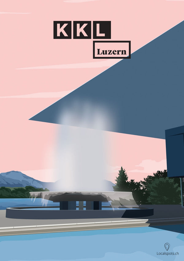 Illustration des KKL Luzern, die sein einzigartiges Flachdach und ein Wasserspiel im Vordergrund zeigt, alles vor dem Hintergrund eines rosa Himmels.