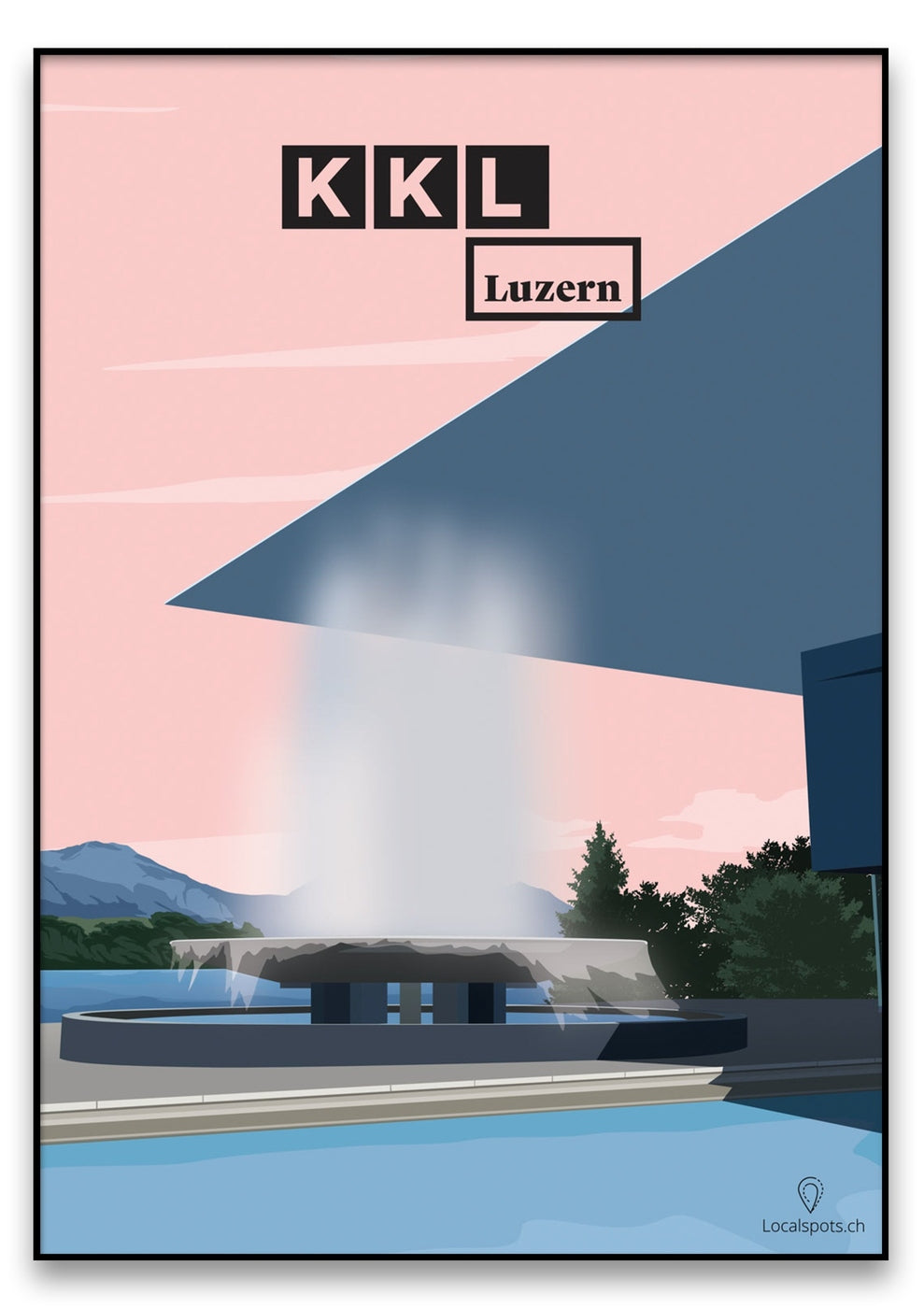 Illustration des KKL Luzern-Gebäudes mit einem modernen Brunnen im Vordergrund und sich über die Szene erstreckenden Architekturelementen.