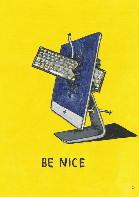 Eine Zeichnung eines Computers mit den Worten „LOVA BE NICE“ und einem Lesezeichen darauf.