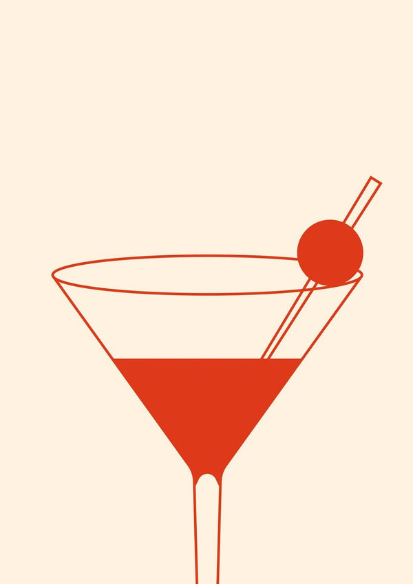 Ein MARTINI PLEASE im Glas mit einer Kirsche im minimalistischen Design.