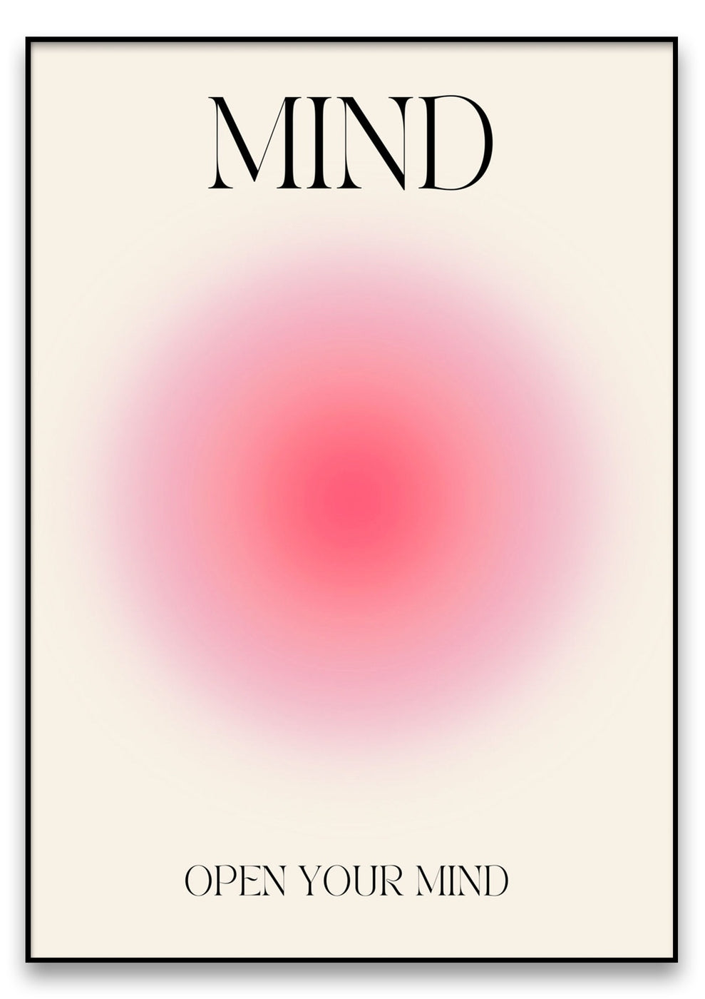 MIND“-Poster mit dem Wort „MIND“ oben, einem roten Fleck in der Mitte und der Aufschrift „OPEN YOUR MIND“ unten.