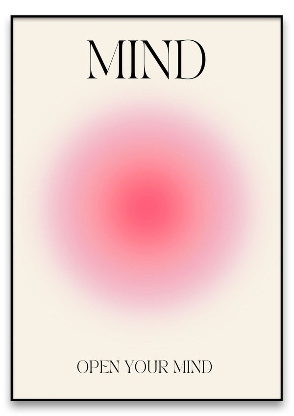 MIND“-Poster mit dem Wort „MIND“ oben, einem roten Fleck in der Mitte und der Aufschrift „OPEN YOUR MIND“ unten.