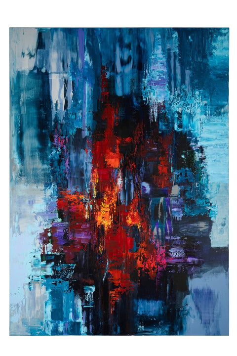 Ein abstraktes Nastrij mit kräftigen Pinselstrichen in Blau- und Rottönen.