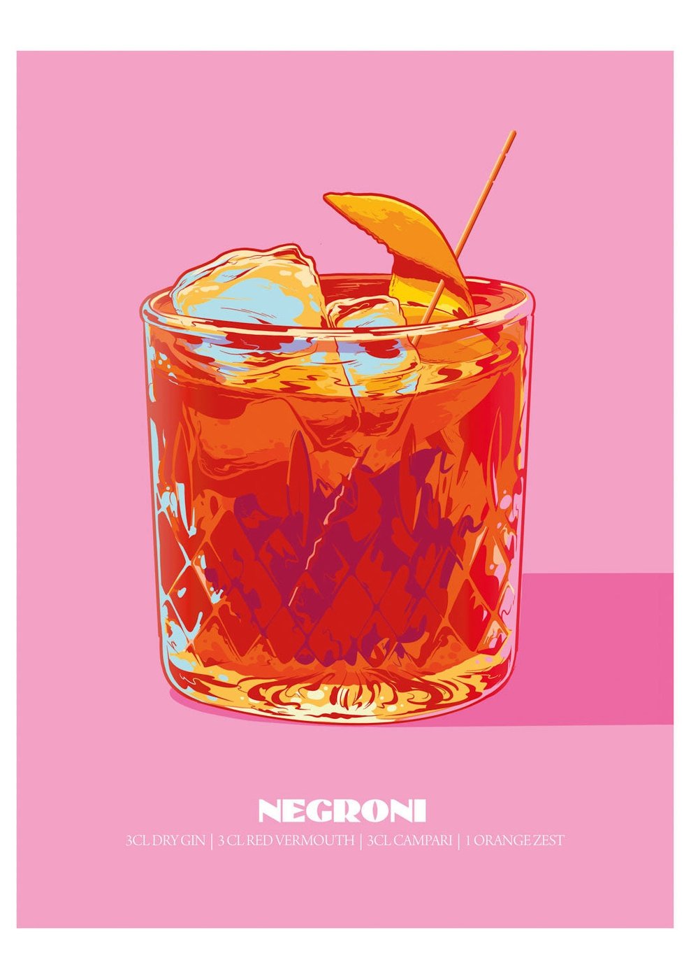 Eine Illustration eines Negroni auf rosa Hintergrund.