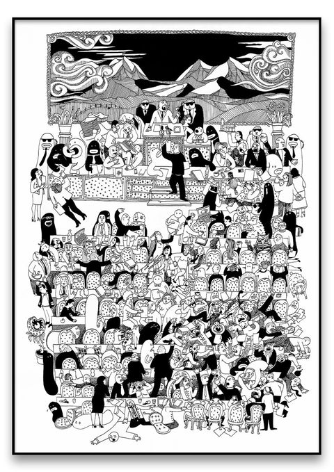 Eine von NaKo-Künstlern erstellte Schwarz-Weiß-Zeichnung, die eine vielfältige Gruppe von Menschen mit dem Namen „Parlament“ zeigt.