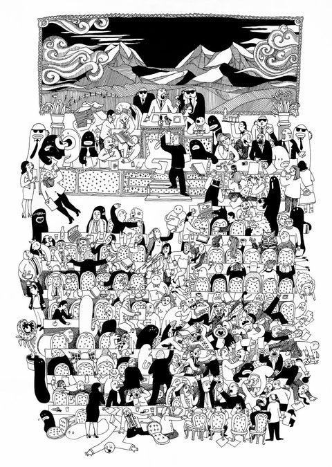Eine Schwarz-Weiß-Zeichnung einer Gruppe von Menschen, hochwertig gedruckt vom NaKo-Parlament.