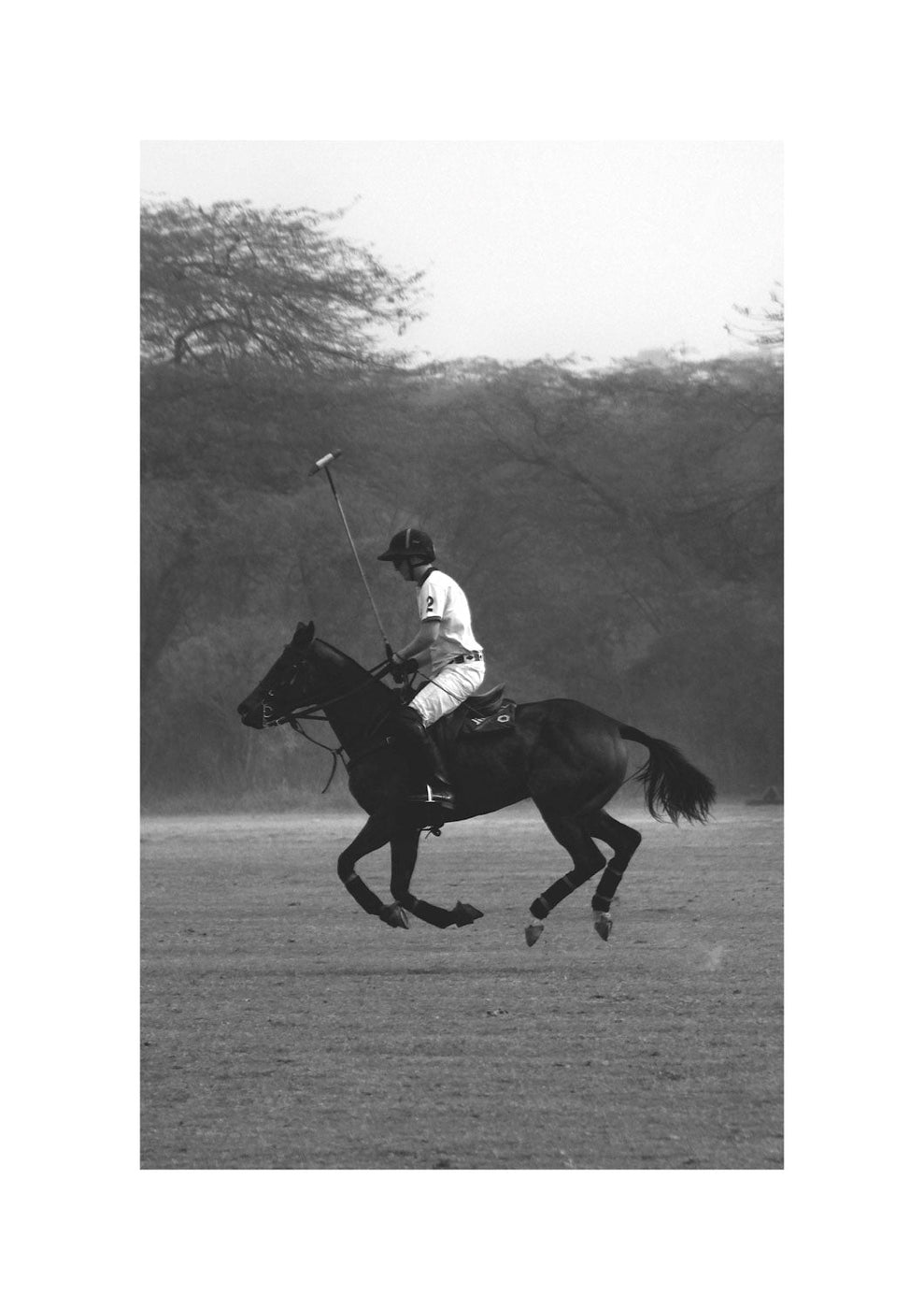 Ein Polospieler in Bewegung, der auf einem galoppierenden Pferd reitet und einen Schläger auf einer Wiese mit Bäumen im Hintergrund hält, verkörpert die Essenz des Polosports.