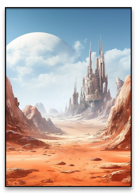 Eine 3D-Darstellung einer Wüstenlandschaft auf dem Roten Planeten mit einem Roten Schloss im Hintergrund.