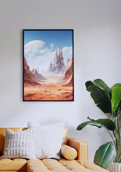 Ein gerahmtes Gemälde einer futuristischen Szene einer Wüstenlandschaft auf dem Roten Planeten in einem Wohnzimmer.