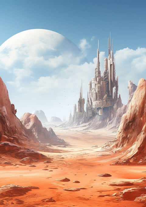 Eine 3D-Darstellung einer futuristischen Szene mit einem Roten Planetenschloss in der Wüste auf einem fremden Planeten.