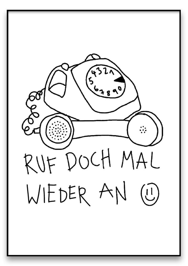 Ein Doodle-Kunst-Bild eines Telefons mit den Worten „Ruf doch mal wieder an“.