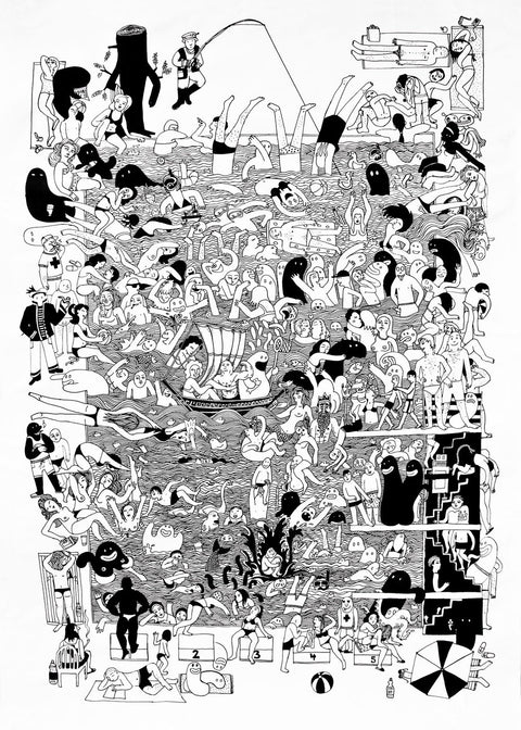 Eine Schwarz-Weiß-Zeichnung einer Gruppe von Menschen, erstellt von talentierten NaKo-Kunstschaffenden, mit Darstellung des Schwimmbades.