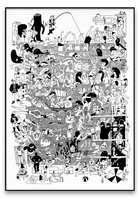 Eine Schwarz-Weiß-Zeichnung einer großen Gruppe von NaKo-Schwimmbadkünstlern.