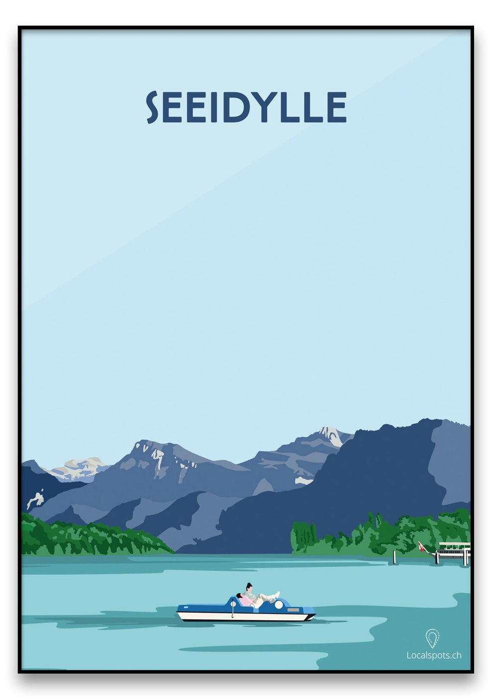 Das illustrierte Poster „Seeidylle“ zeigt eine Person, die auf einem kleinen Boot auf einem ruhigen See entspannt. Im Hintergrund sind majestätische Berge zu sehen und oben steht prominent das Wort „SEEIDYLL“.