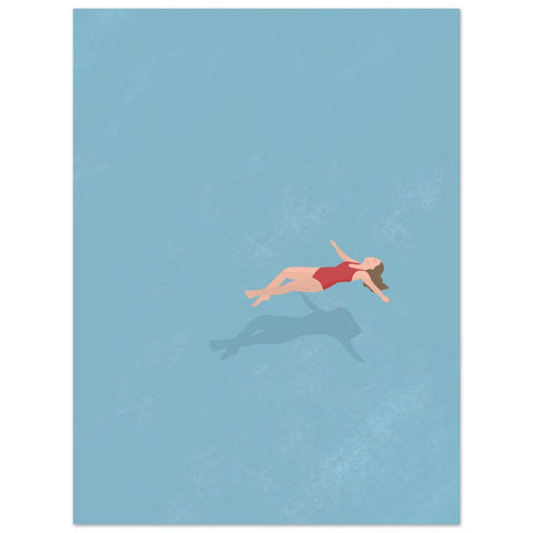 Ein Sommer & Illustration einer Frau in roter Badebekleidung, die im Wasser schwebt.