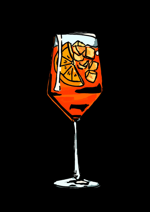 Eine Illustration eines Spritz in einem Glas mit einer Orangenscheibe.