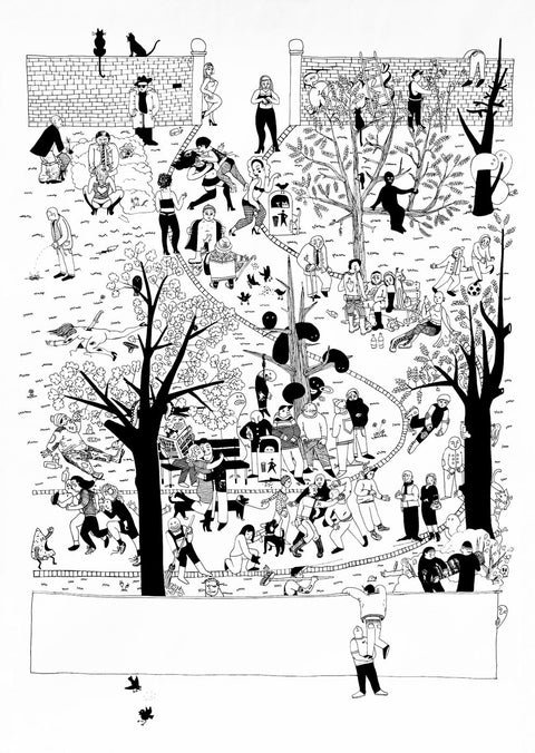 Eine schwarz-weiße Zeichnung von Menschen im Stadtpark, gedruckt von NaKo auf einem hochwertigen Plakat.